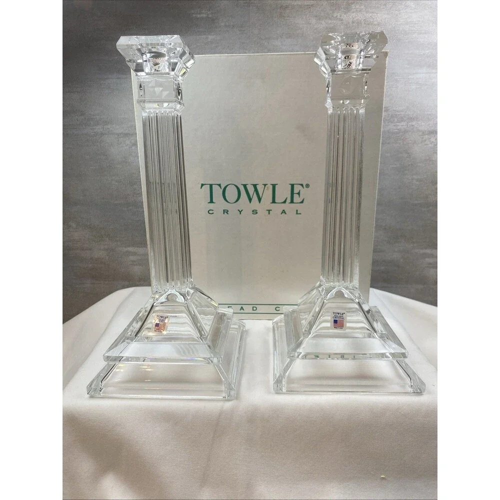 Towle Crystal 10” Georgian Candlestick Holders Pillar Style New In Box